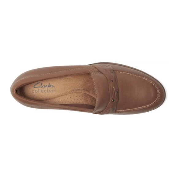 NEW CLARKS Leather Charlten Echo Heeled Comfort women Loafers  dark sand 725 4j2 - Picture 3 of 8